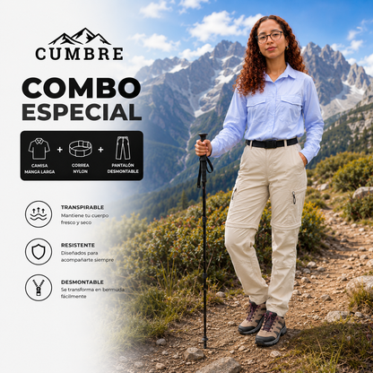 COMBO TREKKING MUJER | Camisa M/L + Pantalón Desmontable + Correa de Nylon Gratis