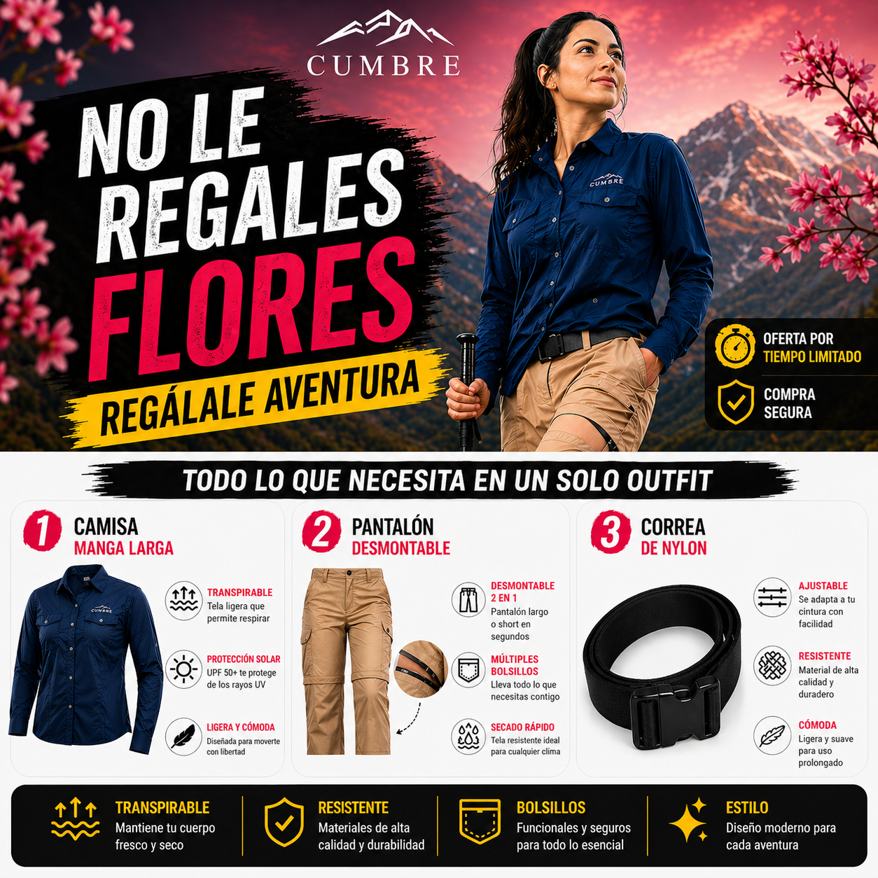 Cumbre | Camisa M/L + Correa Nylon + Pantalón Desmontable - PROMOCIÓN EXCLUSIVA DÍA DE LA MADRE